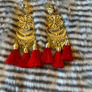 Elegant Gold and Red Tassel Earrings